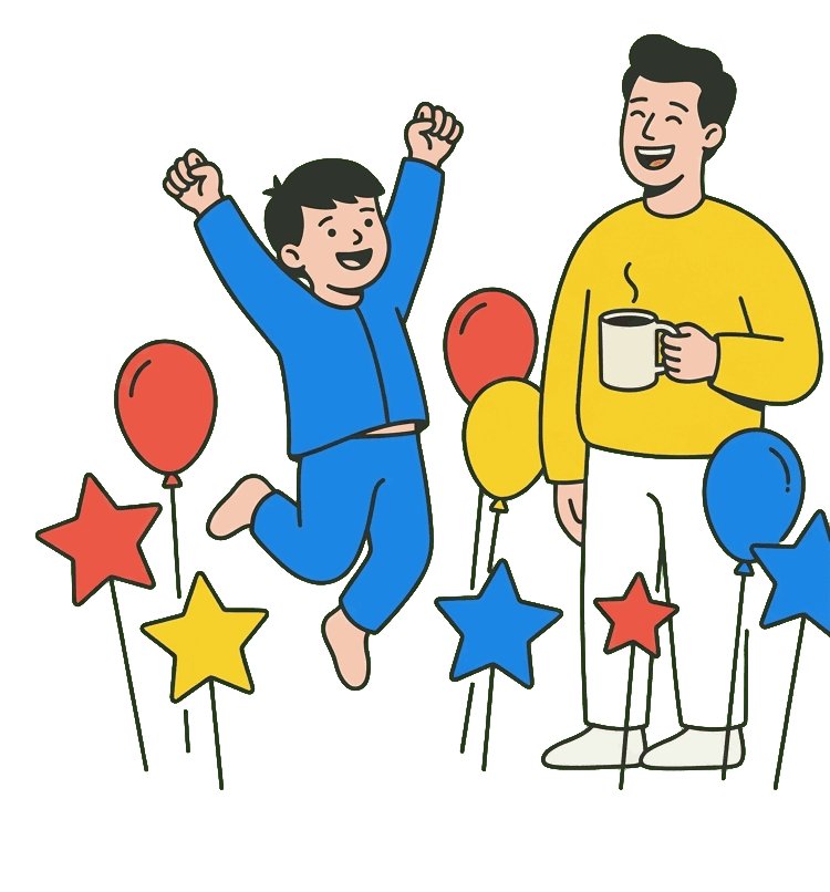 Illustration of a child in blue pajamas jumping for joy and a laughing parent with a coffee mug, among balloon and star yard cutouts.