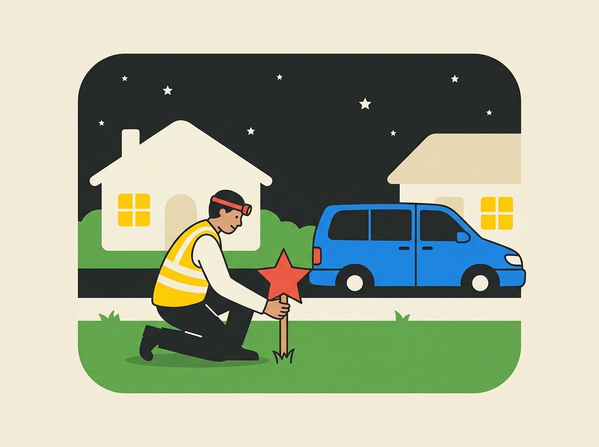 Illustration of a crew member in a yellow hi-vis vest and red headlamp planting a red star on a lawn at night, with a blue minivan parked one house down.