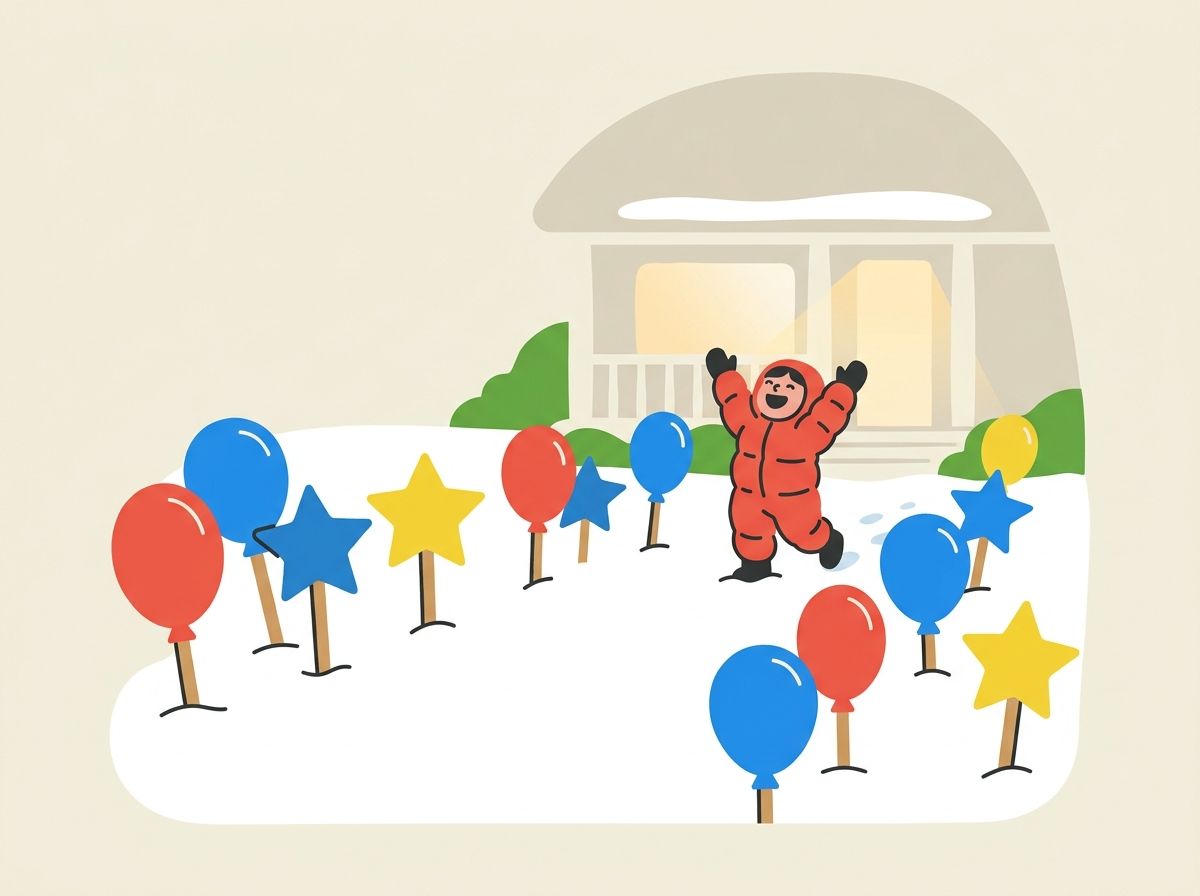 Illustration of a child in a red snowsuit cheering on a snowy lawn full of red, blue and yellow balloon and star cutouts.